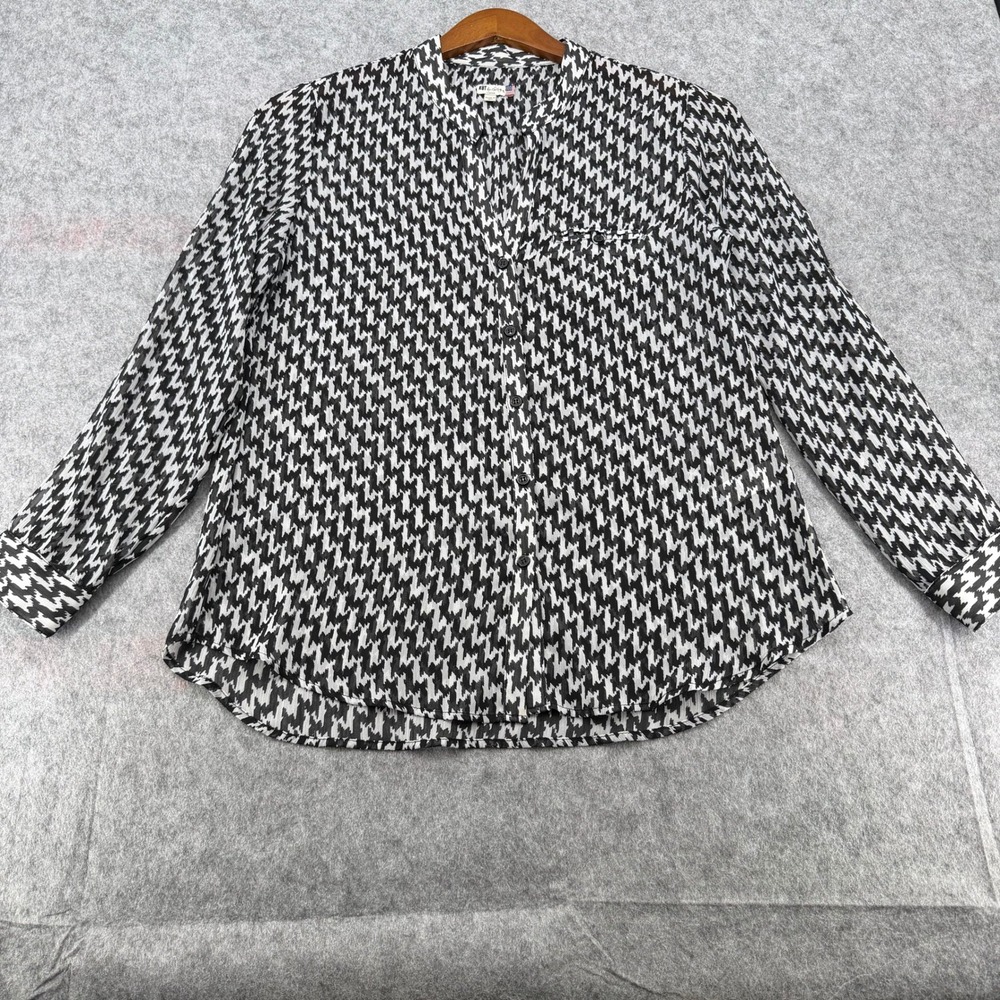 Kut from the Kloth Womens Large Houndstooth Button Down Blouse Black White USA